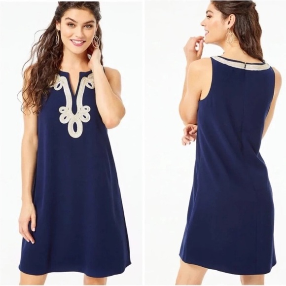 NWT LILLY PULITZER Cherlyn Navy Sleeveless Dress with Metallic Embroidery Trim - Picture 2 of 11